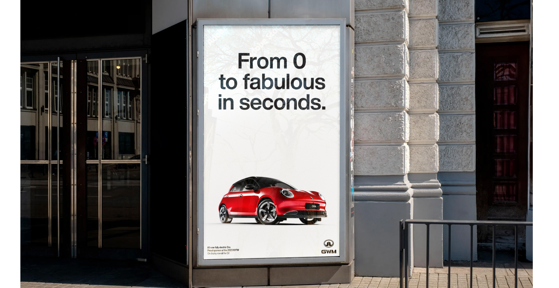 Advertisement billboard for an GWM electric car, featuring a red and black compact car, with text that reads 'From O to fabulous in seconds' and a logo in the bottom right corner.