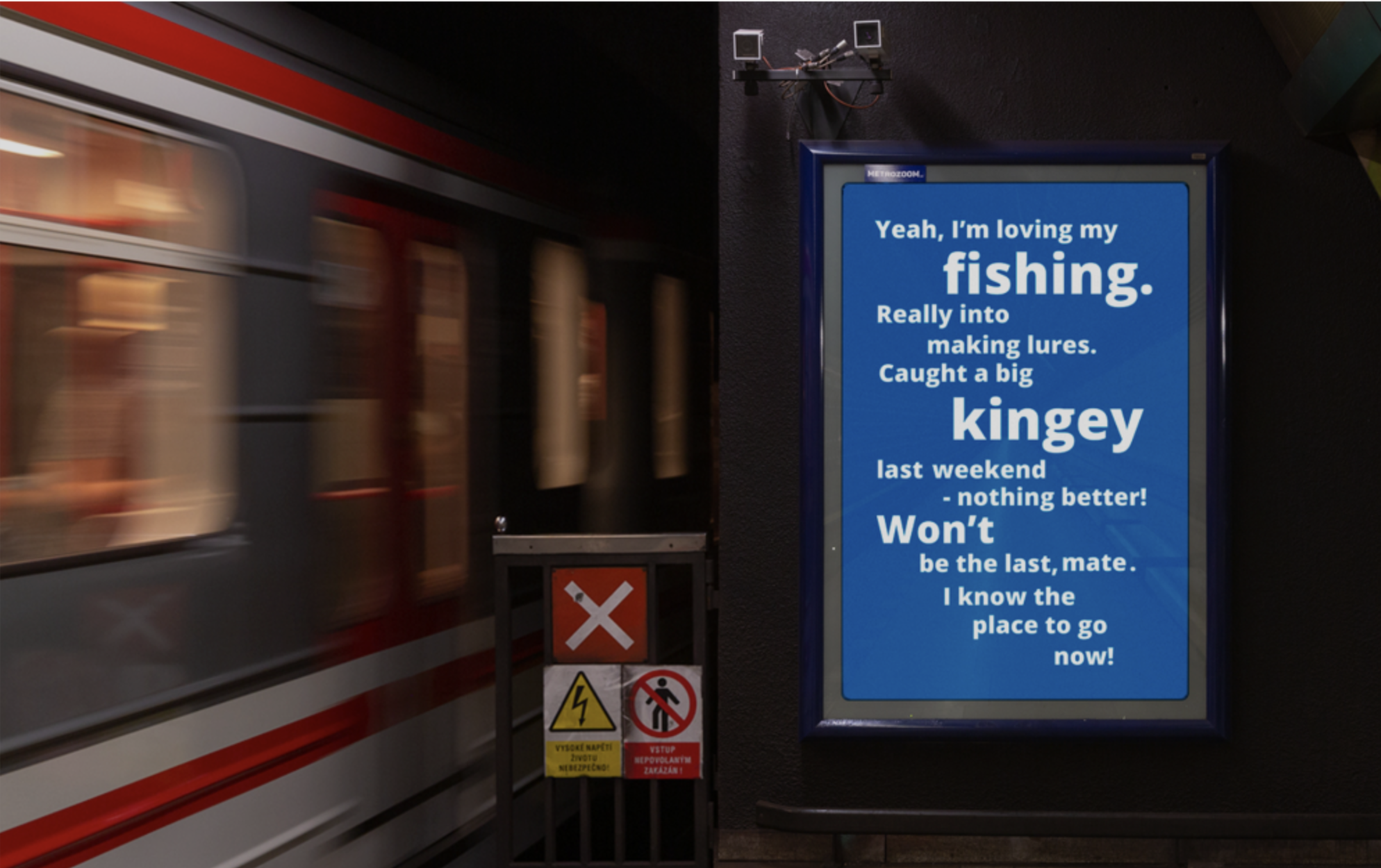 A subway station with a moving train on the left and a blue advert for The Mens Table on the right. The sign contains a poem about fishing and catching a kingey last weekend.