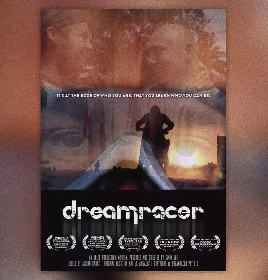Movie poster for 'Dreamracer' featuring a silhouette of a person on a motorcycle against a sunset, with a background of a close-up of a person's eye and faces, and a quote that reads 'It's at the edge of who you are, that you learn who you can be.'