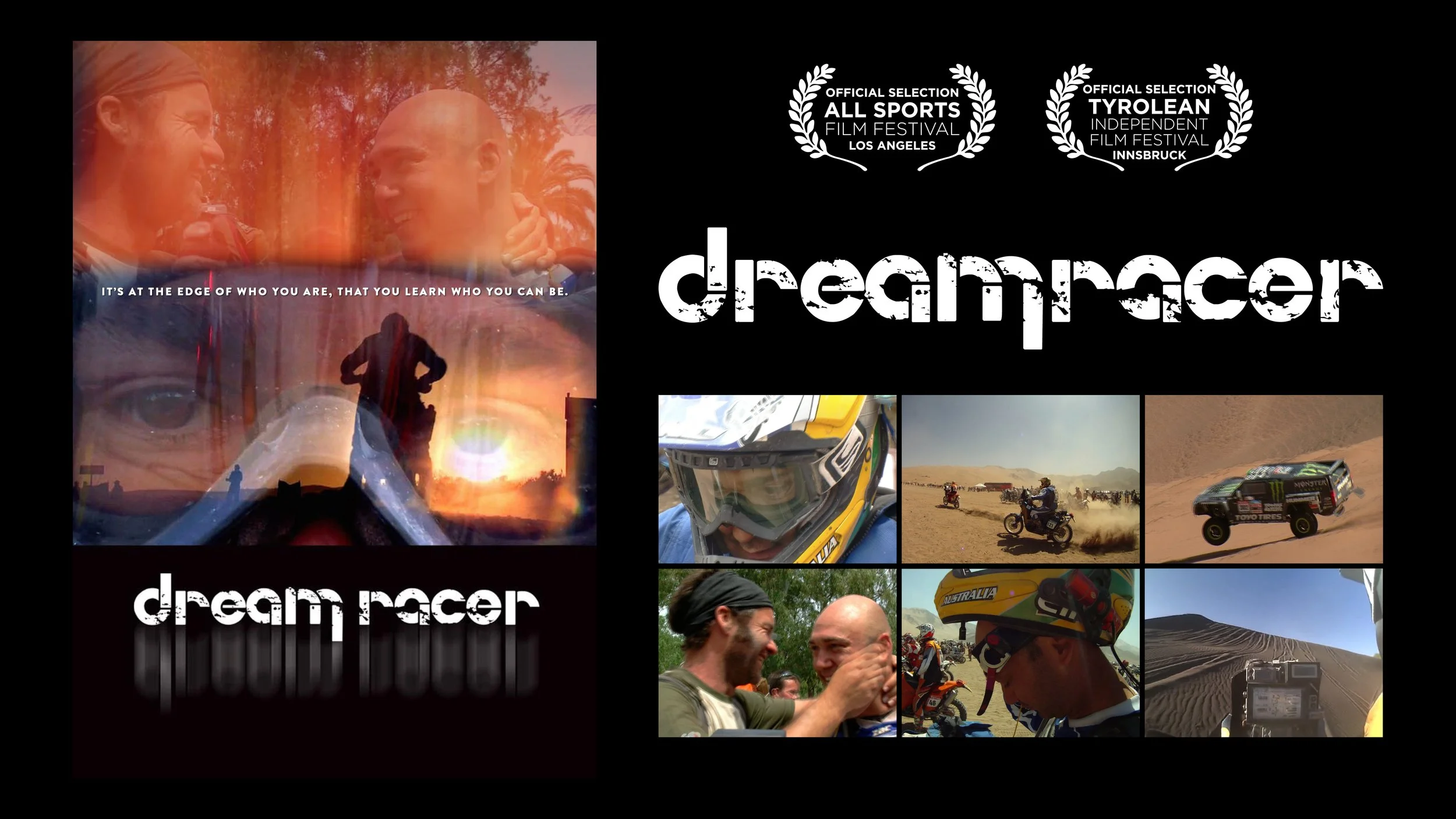 A collage promoting a motorsports documentary titled 'dream racer' with images of off-road racing, motorcycle riders, and people celebrating.
