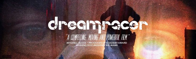 Poster for the documentary film 'Dream Racer' featuring a silhouette of a person racing against a colorful sunset background.