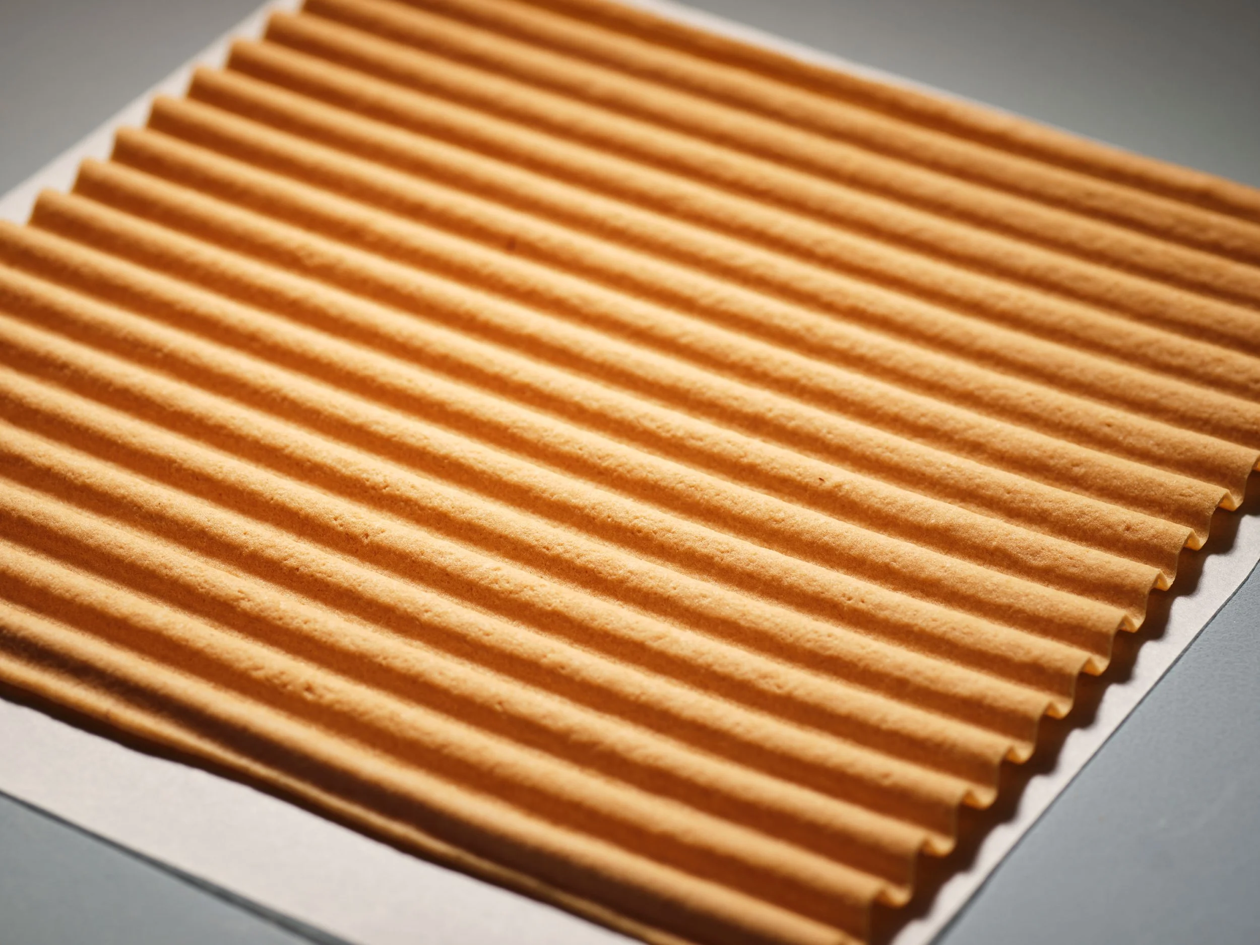Close-up of a sheet of waffled cardboard or corrugated paper with parallel ridges.