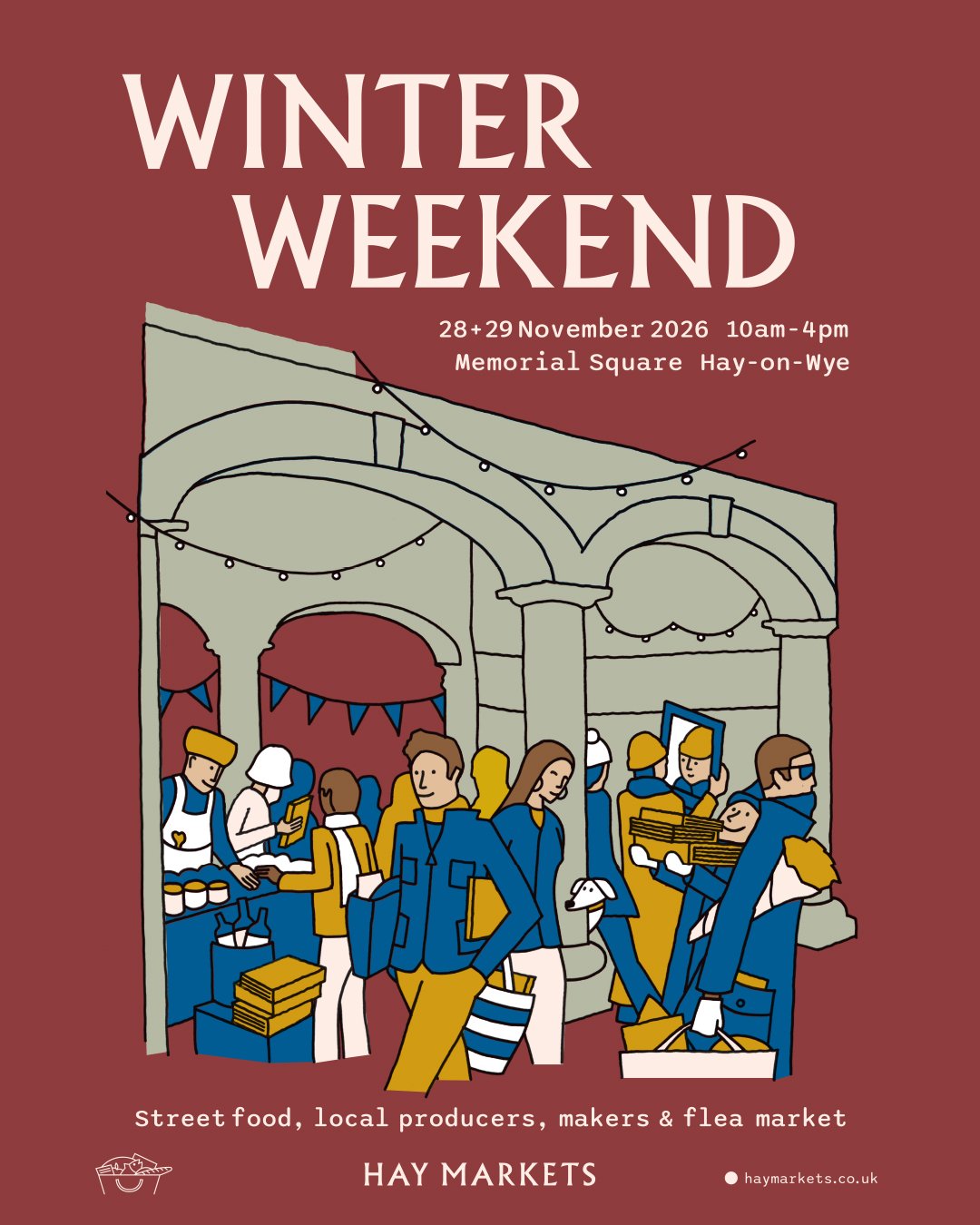 Poster for Winter Weekend Market in Hay on Wye on 28-29 November 2026, with a colourful illustration of the market