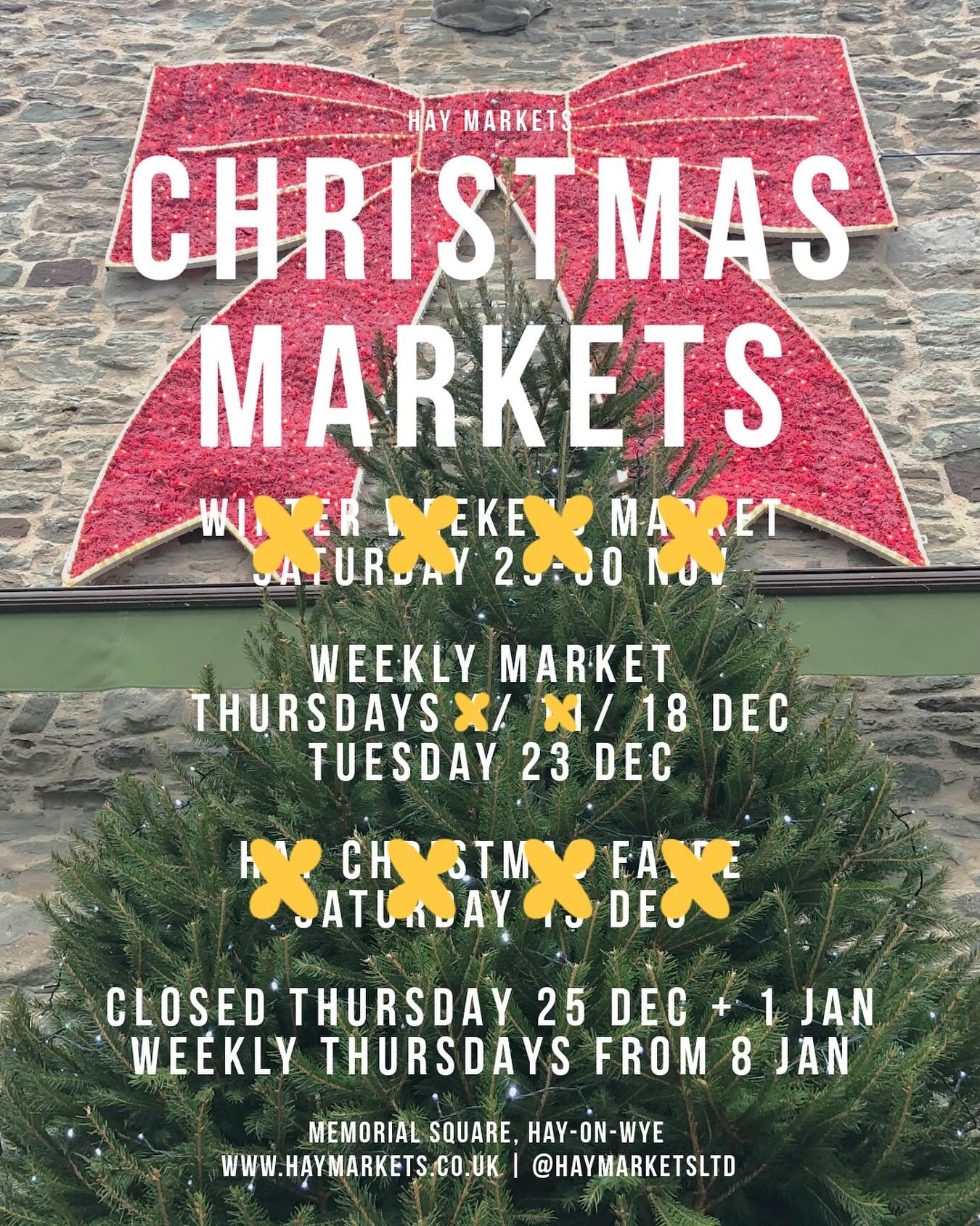 Only two weekly markets left for 2025!

🎪Thursday 18th December
🎪Tuesday 23rd December

Come for last minute festive gifts, food, treats, Christmas wreaths and more. 

We&rsquo;re then closed, reopening Thursday 8th January. 

#hayonwye #marketday 