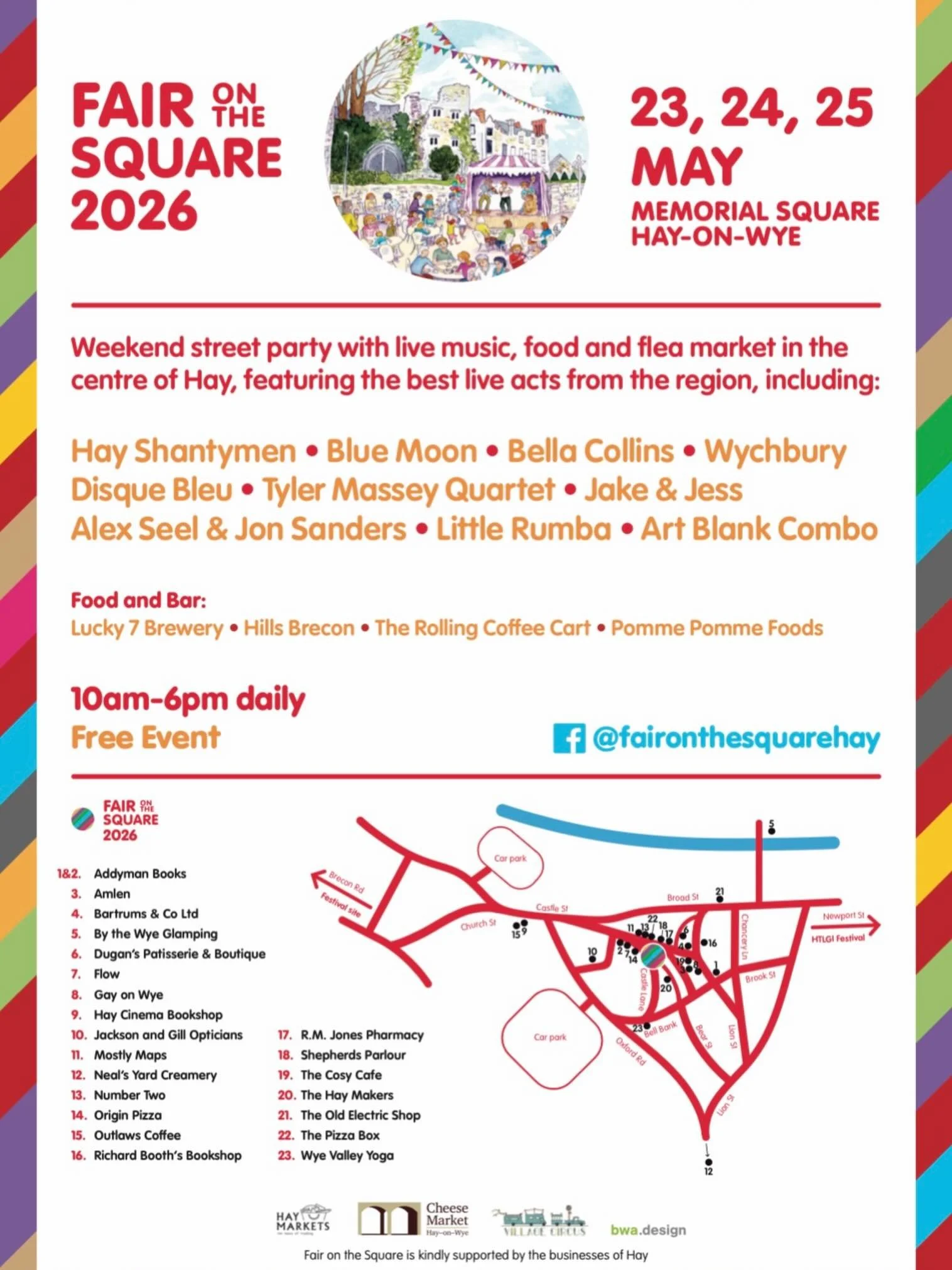 🎵Live music with Fair on the Square this weekend! Saturday 23 to Monday 25 May. Free entry. Plus street food, bar and market. 

Huge thank you to all of the local businesses that have supported this event:

@addymanbooks 
@amlen_hay 
@bartrumsandco 