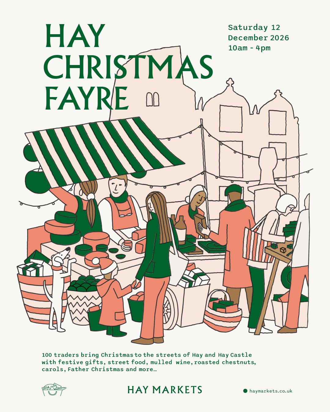 Poster for Hay Christmas Fayre on 12 December 2026, with an illustration of the market and hay castle