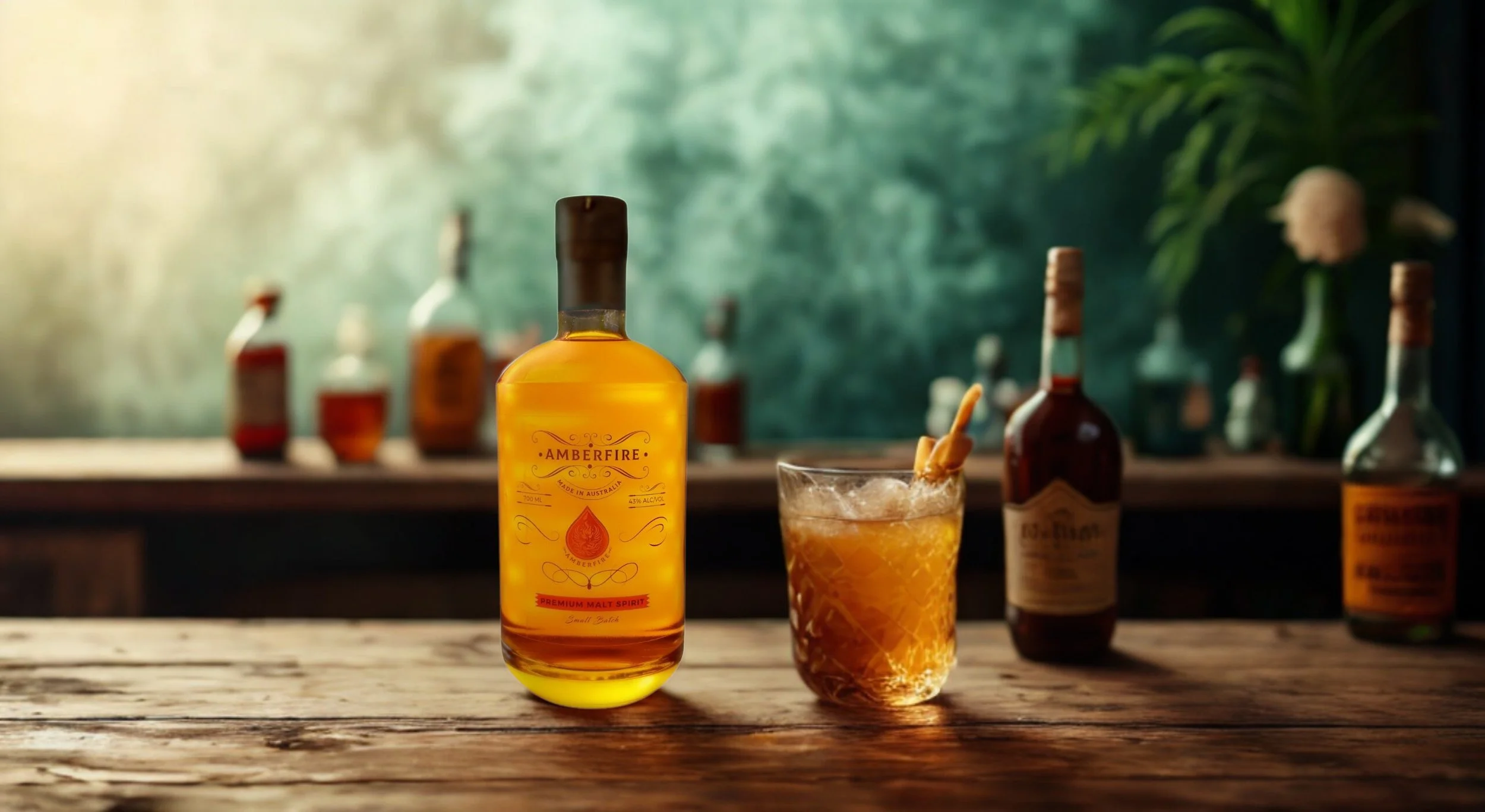 A bottle of Amberfire malt spirit and a glass of amber-colored cocktail with ice and a garnish on a rustic wooden table, with several bottles blurred in the background.