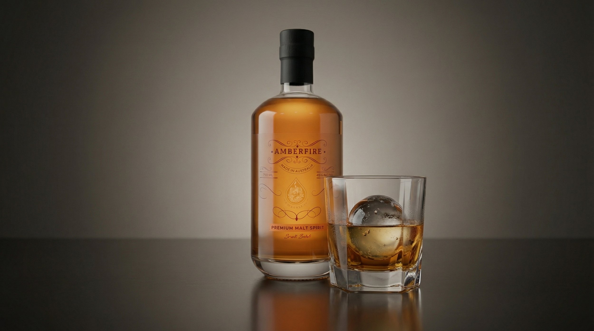 Amberfire Malt Spirit bottle and glass with ice