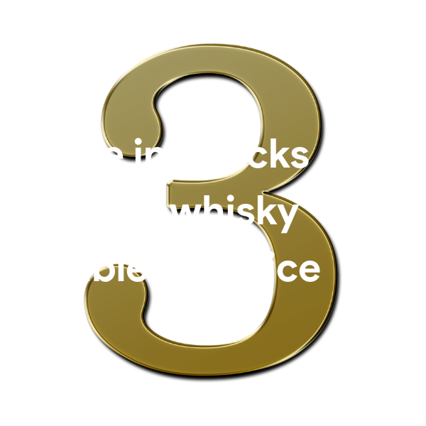 Gold number three with text "Serve in a rocks glass or whisky tumbler with ice."