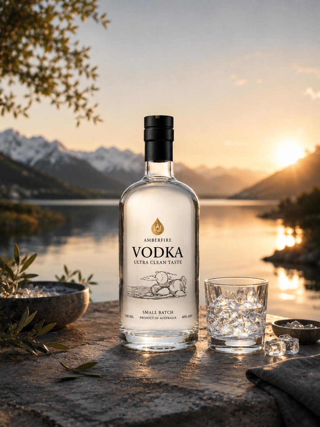 Amberfire Ultra Clean Vodka bottle on a stone terrace overlooking a mountain lake at sunset, served with crystal-clear ice and fresh water.