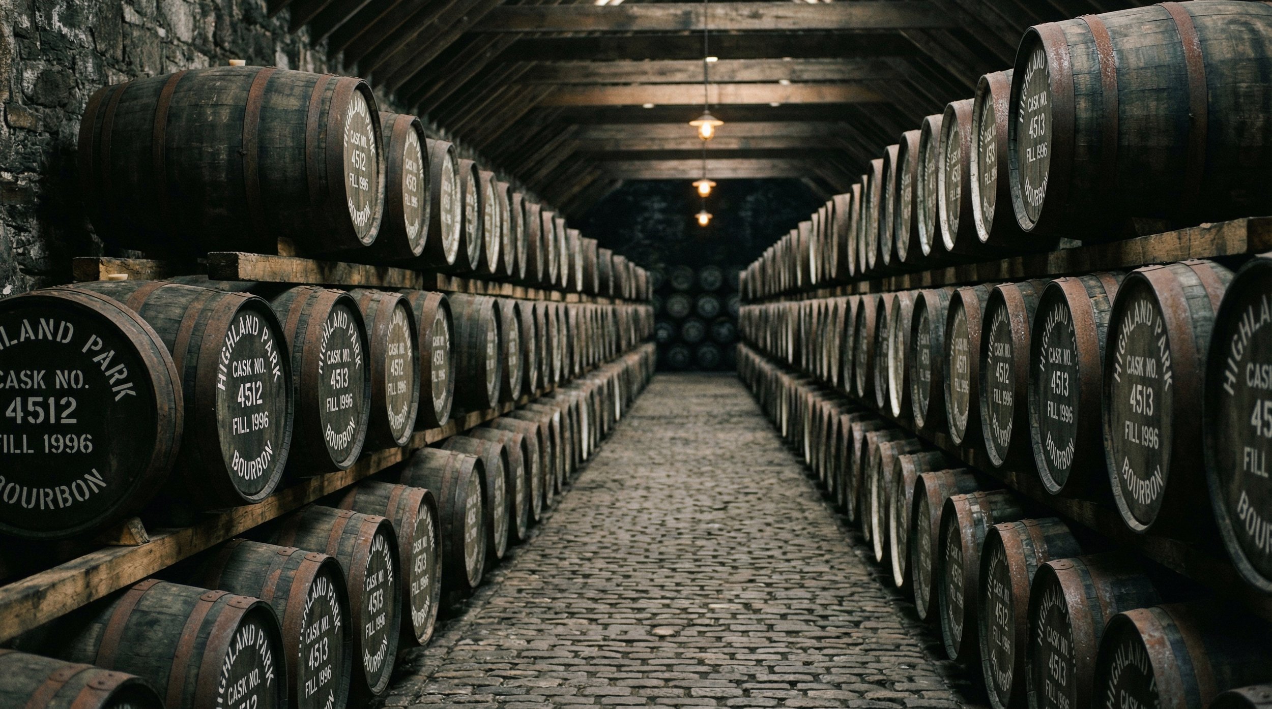 Oak barrels used for whisky aging in warehouse