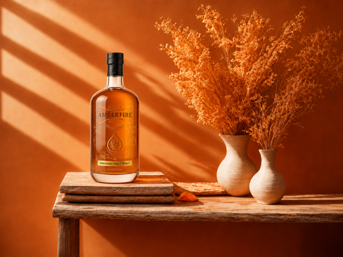 Amberfire Premium Malt Spirit bottle displayed on rustic timber in warm orange sunlight, beside ceramic vases with dried botanicals.