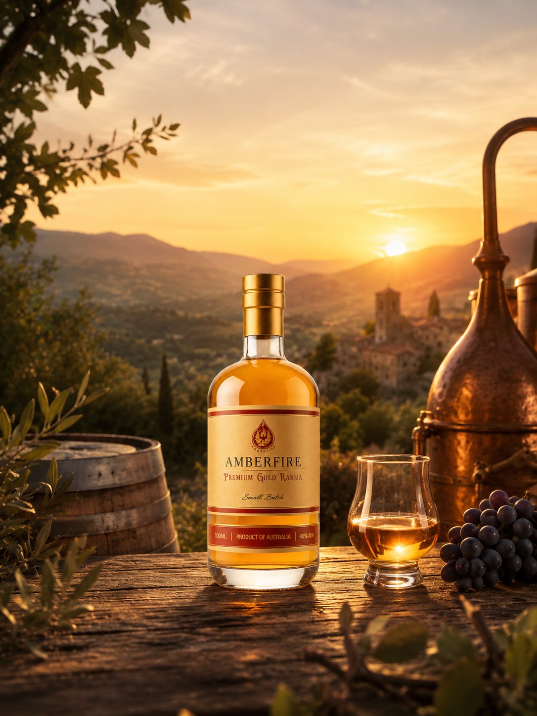 Amberfire Premium Gold Rakija bottle on a rustic table at sunset with a copper still, grapes and vineyard landscape in the background.