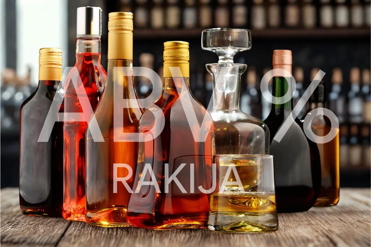 Rakija bottles and glass showing different alcohol percentages (ABV), illustrating typical rakija strength.