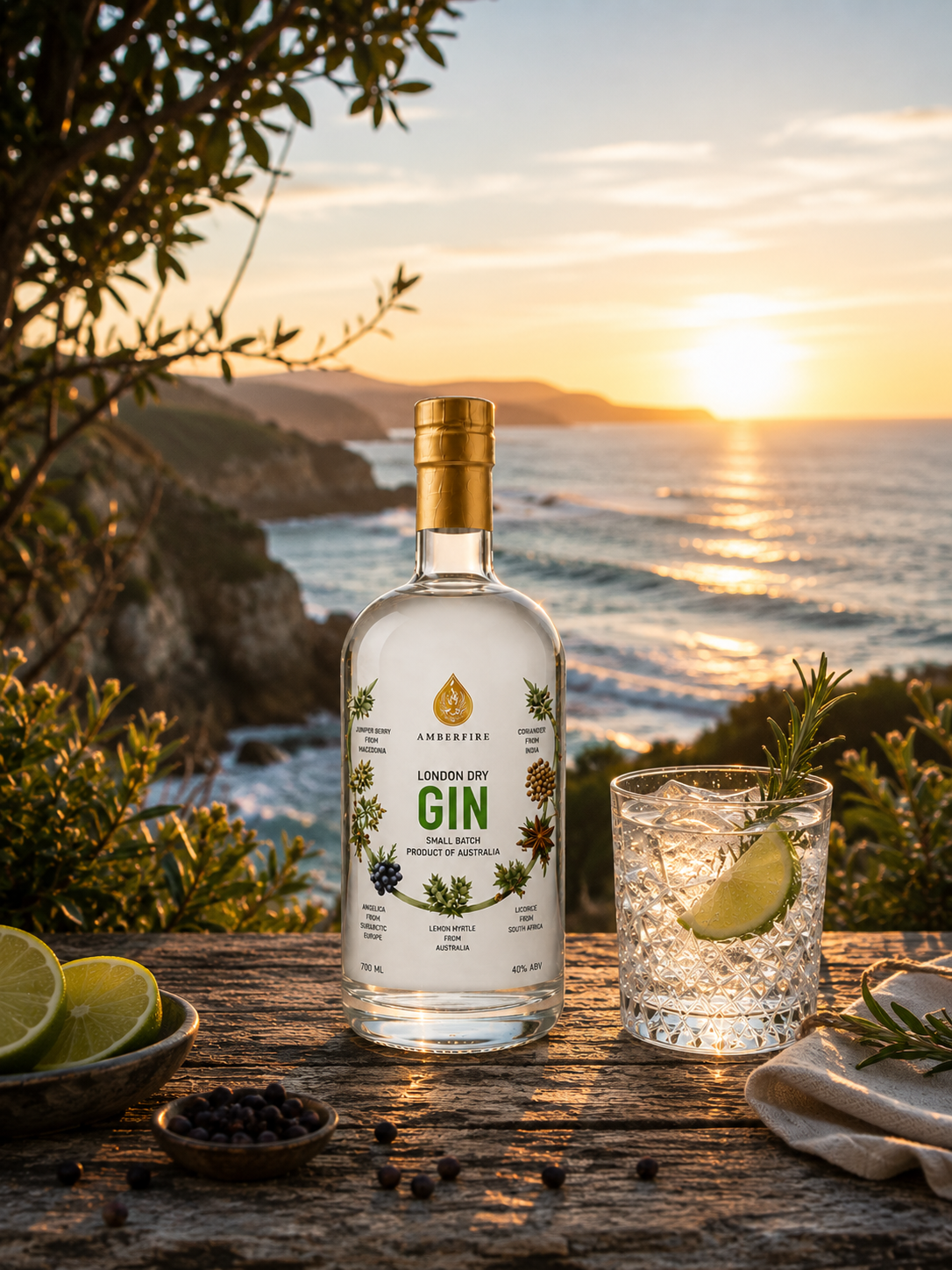 Amberfire London Dry Gin bottle beside a refreshing gin and tonic overlooking the Australian coastline at sunset.