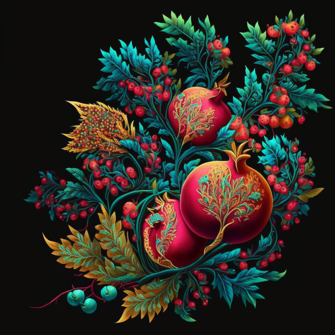 Colorful digital illustration of pomegranates, berries, leaves, and a seed pod on a black background.
