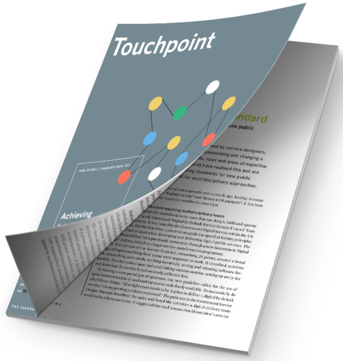 A magazine or brochure titled 'Touchpoint' with a graphic of colored dots connected by lines on the cover page, partially flipping through pages reveals text.