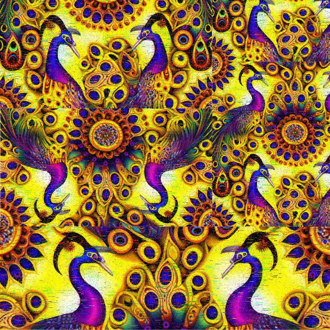 A colorful, intricate pattern featuring peacock birds with vibrant purple, blue, and green feathers, surrounded by abstract circular and floral designs in yellow, orange, and red.