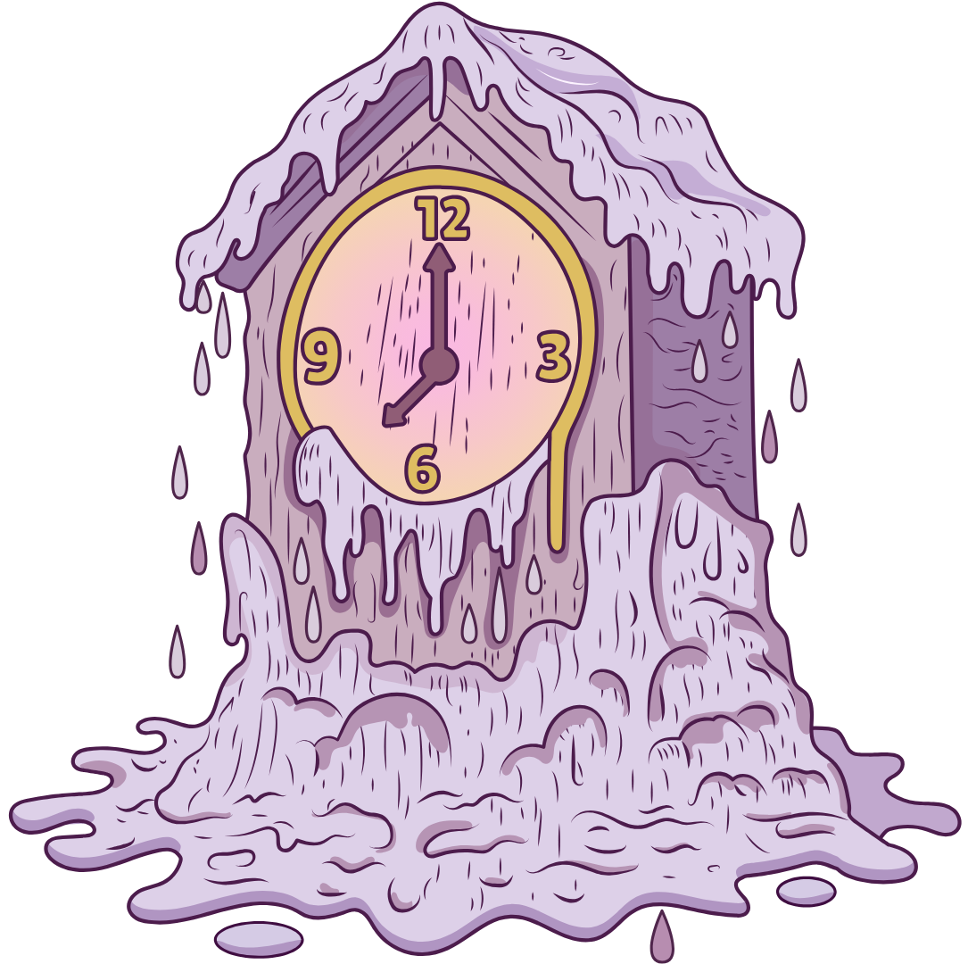 A melting purple cuckoo clock with icicles and melting snow.