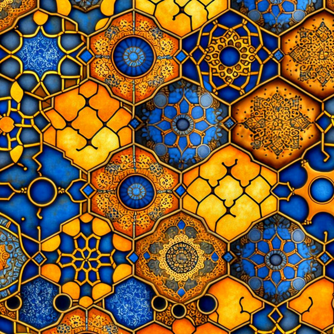 Abstract pattern resembling a stained glass window with intricate geometric patterns in blue and gold colors.