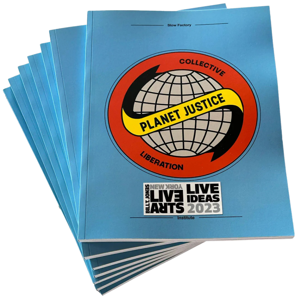 A stack of blue booklets titled 'Planet Justice' with a logo of a globe and arrows, published by Slow Factory