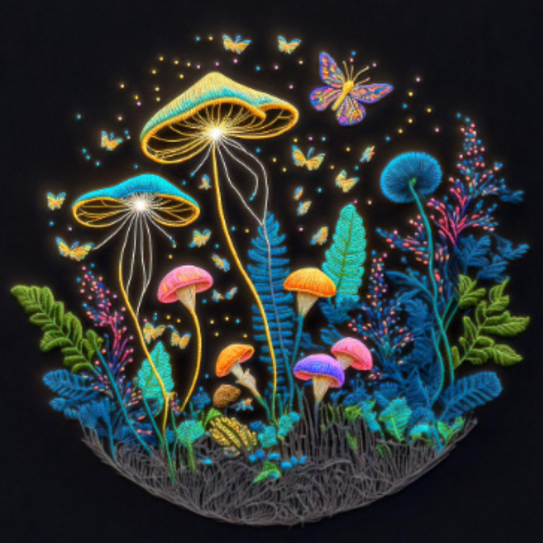 Neon glow illustration of a colorful magical forest with glowing mushrooms, butterflies, and plants against a black background.