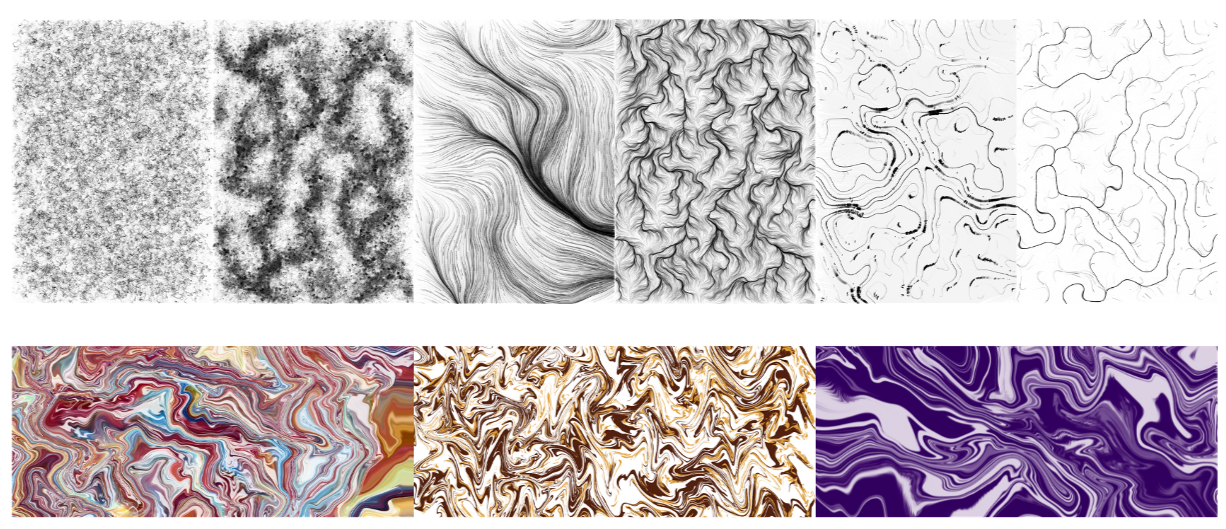 A collection of abstract patterns in black, white, and colorful designs