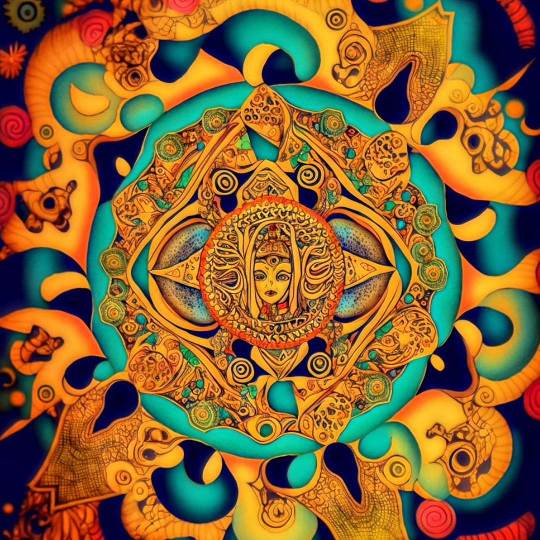 Colorful, abstract artwork featuring intricate patterns, serpents, and swirling shapes in vibrant shades of orange, yellow, teal, and blue.