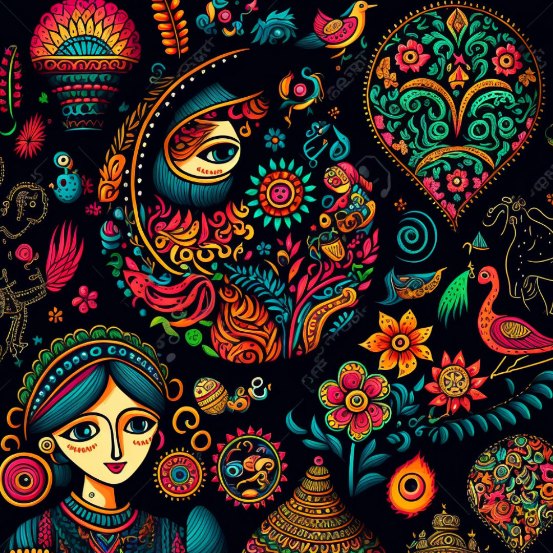 Colorful abstract pattern featuring various flowers, animals, and decorative patterns in vibrant colors on a black background.