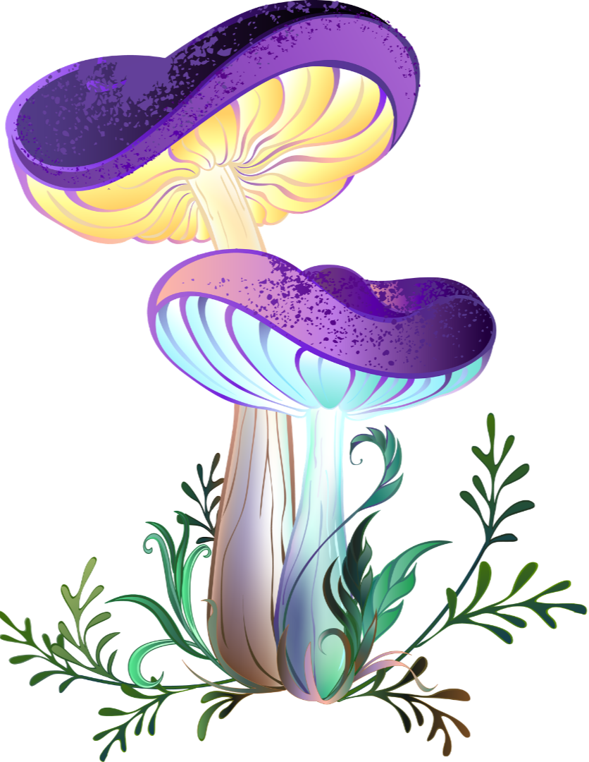 A digital illustration of two bioluminescent mushrooms with purple caps and glowing white undersides, surrounded by green foliage.