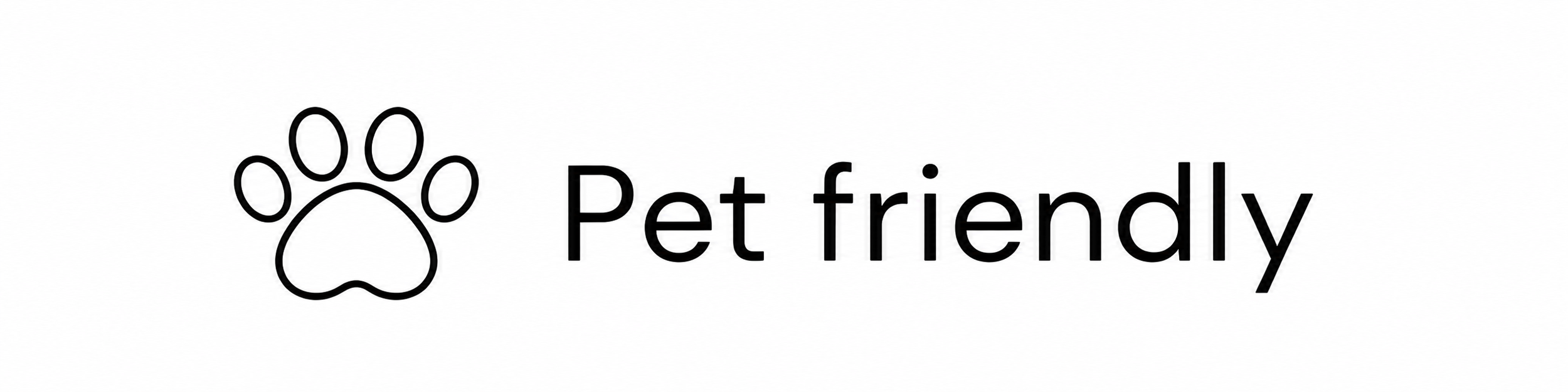 Black outline of a paw print next to the words "Pet friendly" in black text.