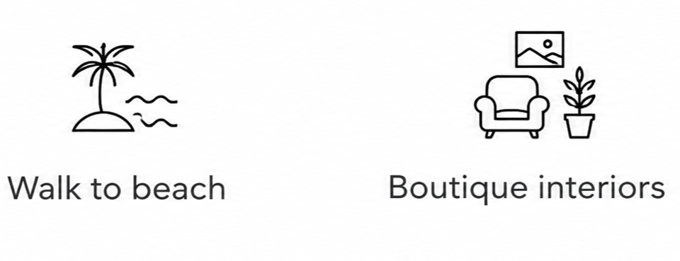 Line drawing icons of a palm tree with waves and a beach, and a cozy living room with a painting, armchair, and potted plant, with text 'Walk to beach' and 'Boutique interiors'.