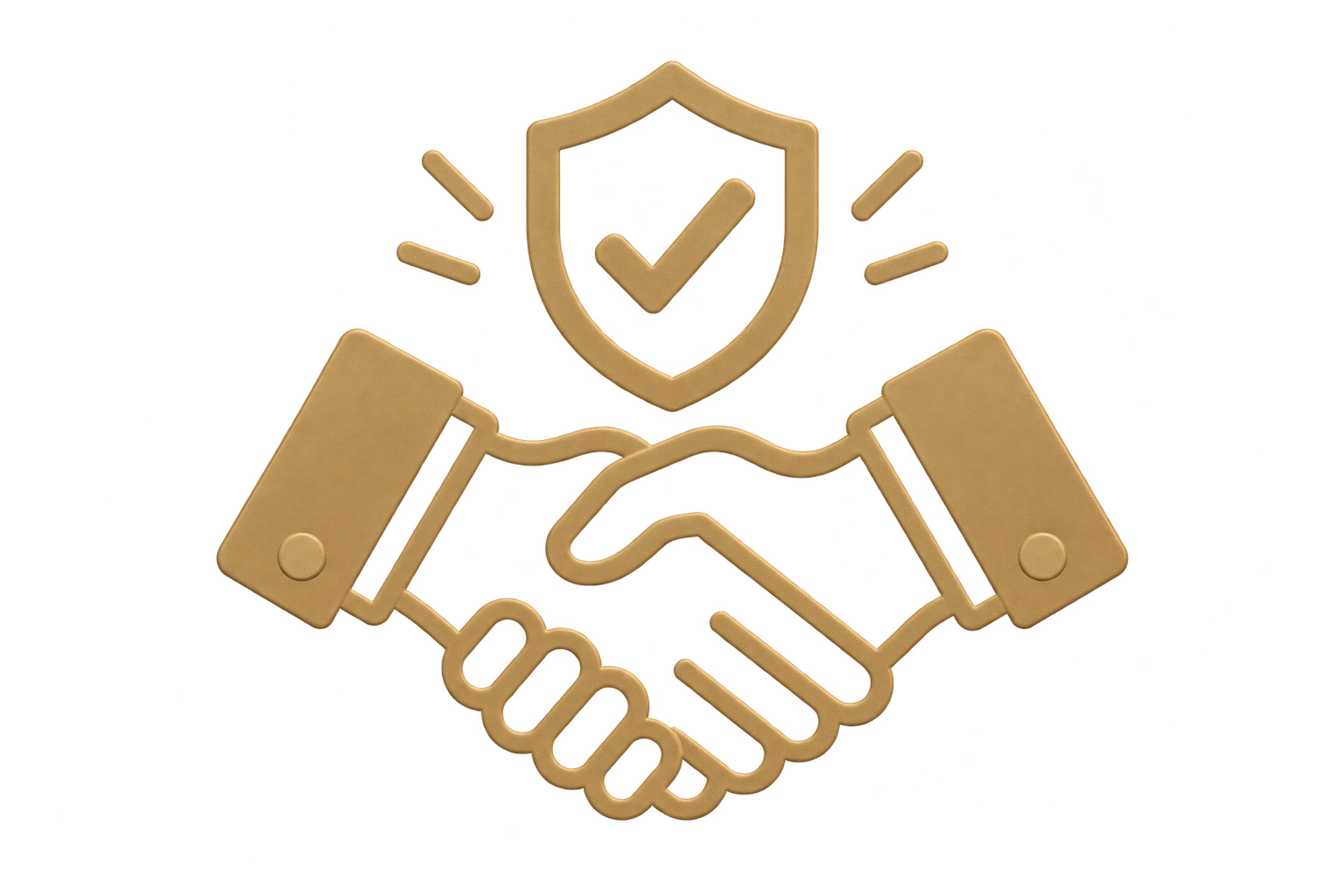 A gold-colored icon of two hands shaking with a shield with a checkmark above them, representing trust or security.