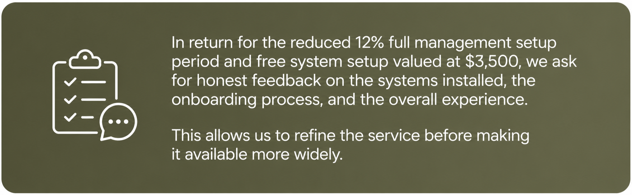 Icon of a clipboard with checkmarks and a speech bubble, next to text about feedback on a system setup process valued at $3,500.
