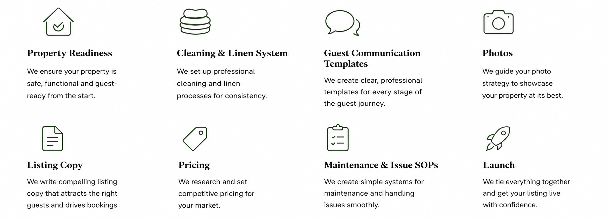A marketing infographic with icons and text about property management services, including property readiness, cleaning and linen system, guest communication templates, photos, listing copy, pricing, maintenance SOPs, and launch.