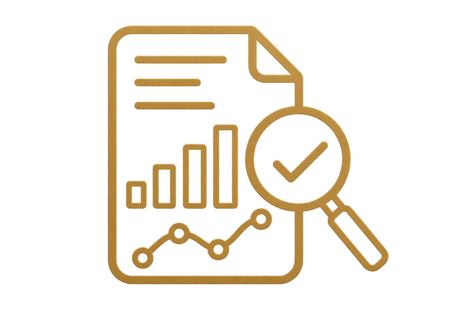 A gold-colored icon of a document with a bar graph, a magnifying glass with a check mark, and a line chart.