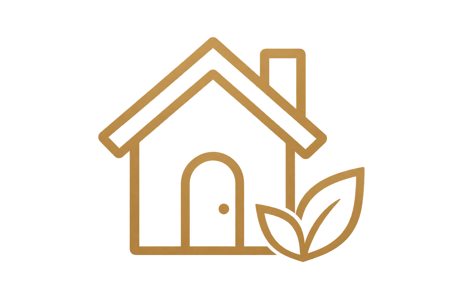 Glowing icon of a house with a leaf, representing eco-friendly or sustainable housing.