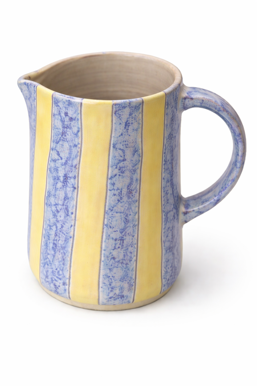 Pichet en céramique peint à la main, motifs rayés bleus et jaunes