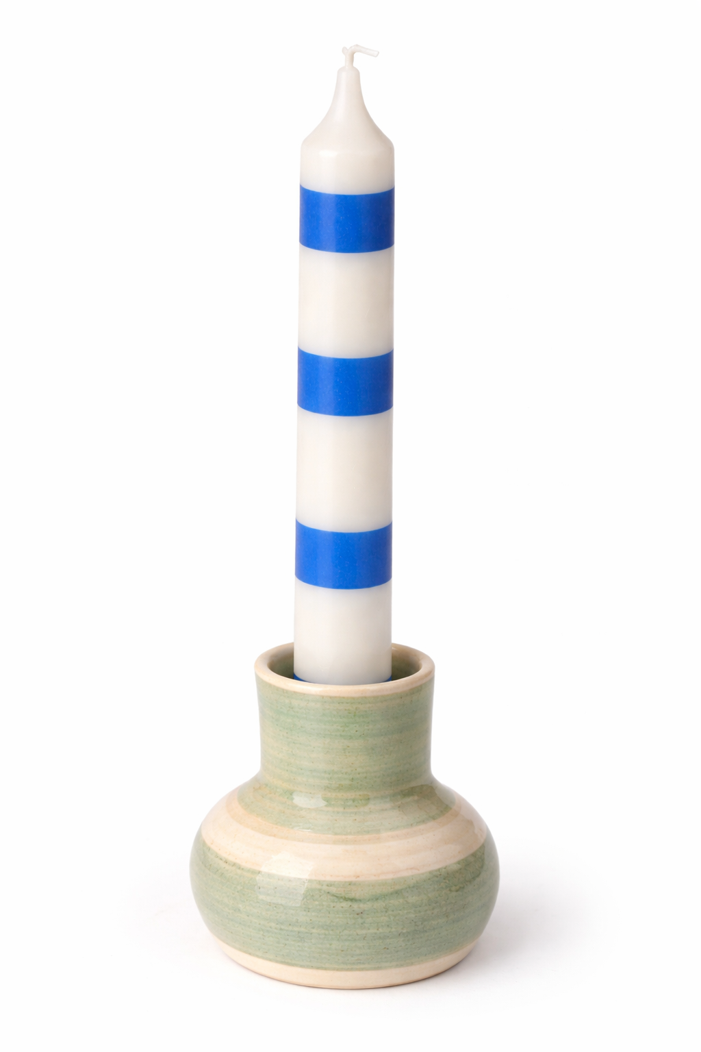 Bougeoir en céramique peint à la main, rayures vert