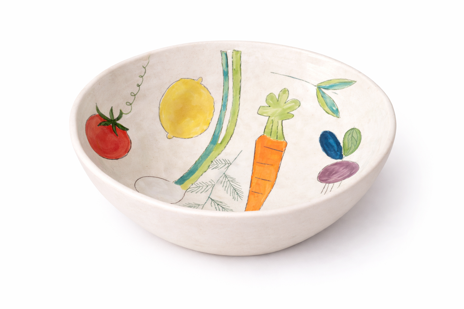 Intérieur de saladier en céramique fait main, motif potager coloré