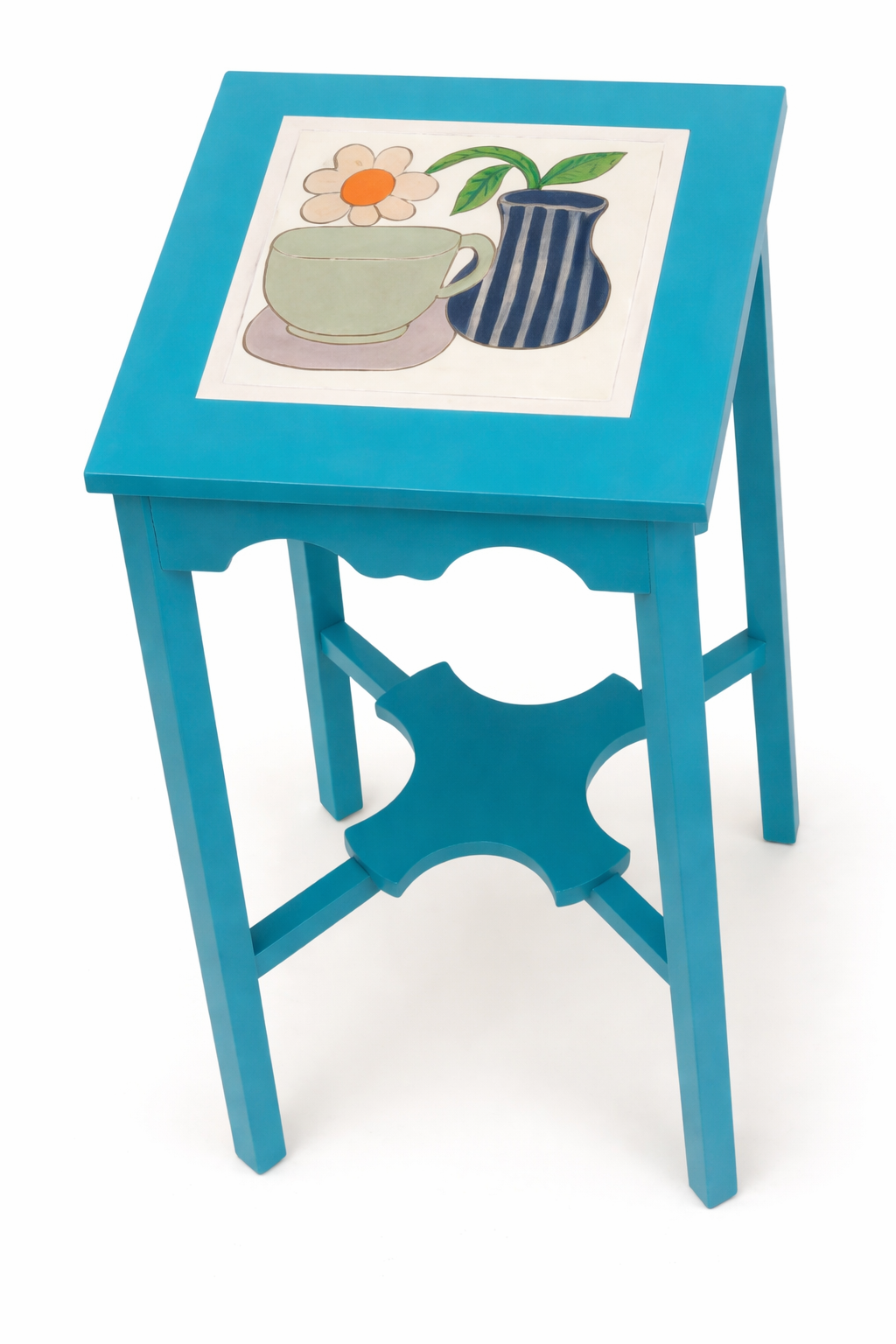 Table avec plaque en céramique peinte à la main, création artisanale