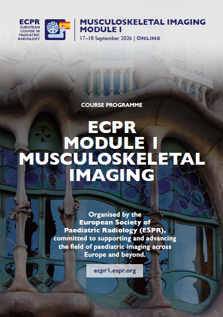 Cover page for a course program titled 'ECPR Module 1 Musculoskeletal Imaging', dated September 17-18, 2026, with the European Society of Paediatric Radiology logo, featuring an artistic image of a building with ornate architecture in the background.