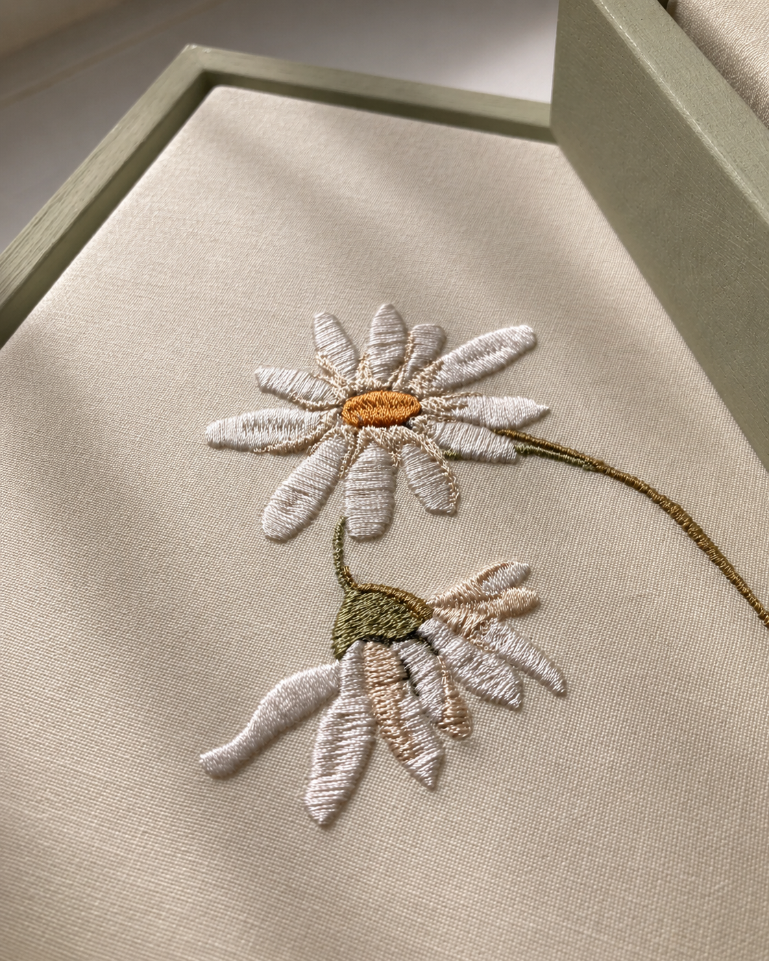 Close-up detail of embroidered daisy April birth flower canvas showing layered stitch texture.