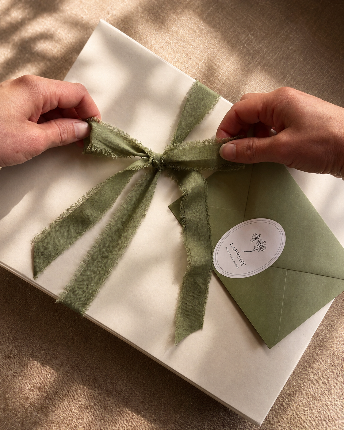 Botanical Birth Flower Canvas gift box tied with sage green ribbon.