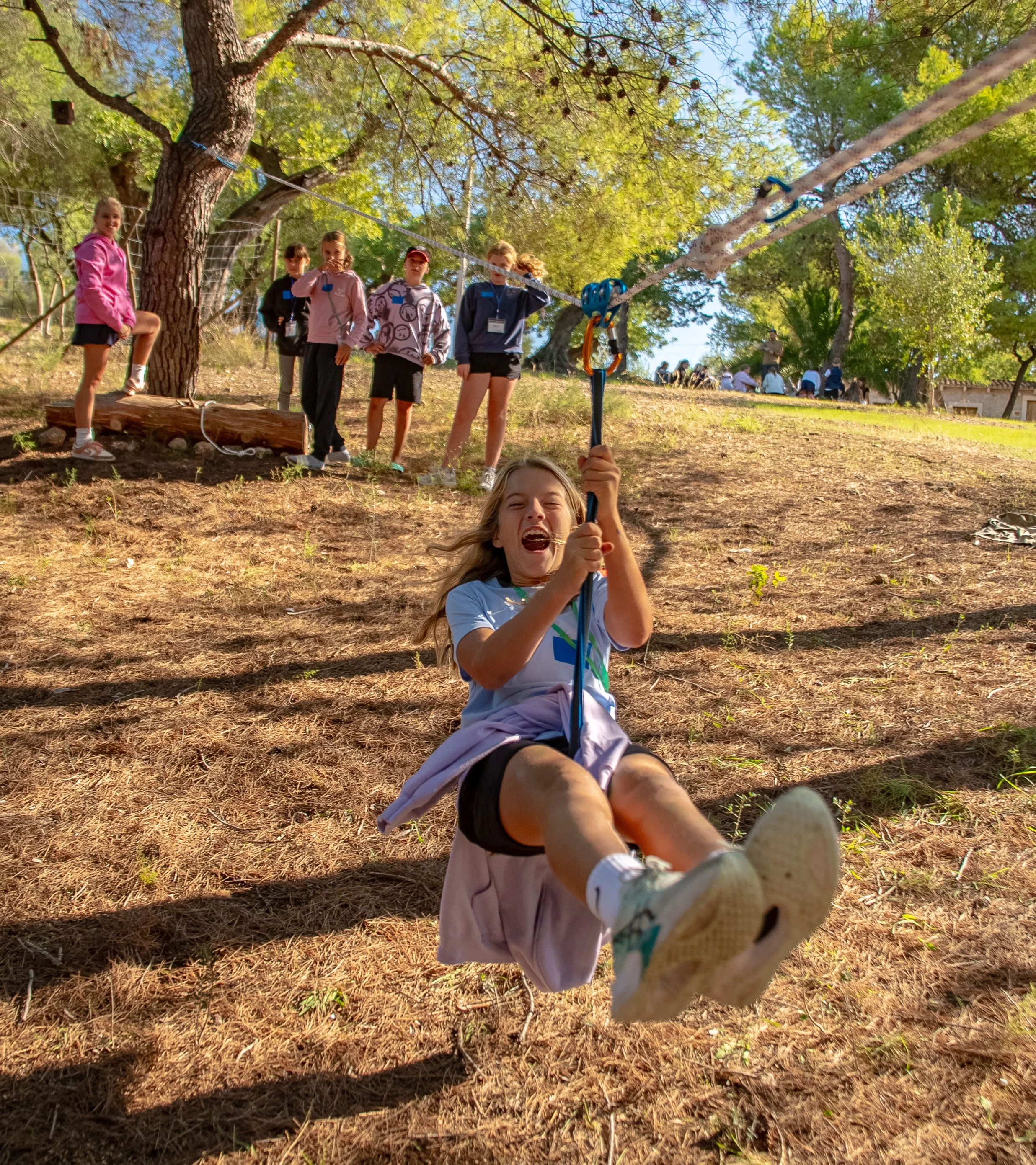 A girl swinging on a tree rope swing with a group of children standing in the background under trees in a park.