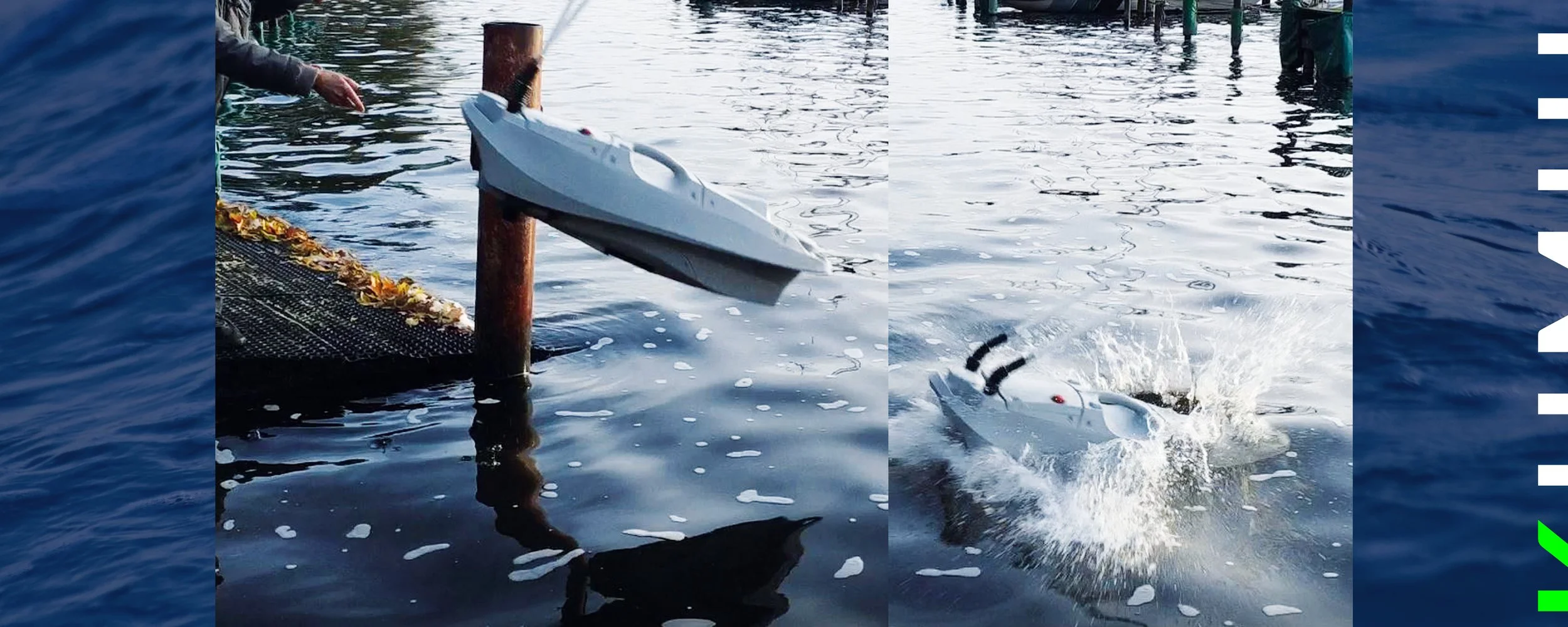 Caiman MR-USV operating autonomously on open water, equipped with professional sonar and dual GNSS, conducting advanced underwater survey.