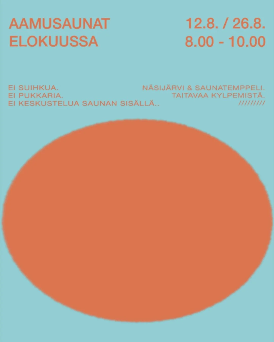 AAMUSAUNAT ELOKUUSSA

Joka toinen keskiviikko

8&euro; korttimaksu tai 10kortti. Maksu temppelin l&auml;mmitt&auml;j&auml;lle. 

Kaupinojan pukkarit &amp; suihkut ei k&auml;yt&ouml;ss&auml;. Vessa l&ouml;ytyy!

N&auml;sij&auml;rvi &amp; Saunatemppeli