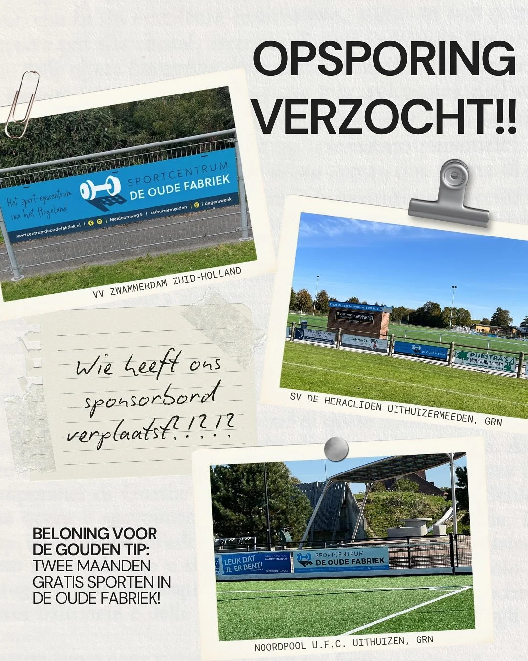 Tot onze verbazing zagen we dat we getagd waren in een bericht van @vvzwammerdam uit Zuid-Holland. Ons sponsorbord is op mysterieuze wijze terecht gekomen langs hun voetbalveld!!!! 😮 Komt de naam van de vereniging je niet bekend voor? 🤔 Dat kan klo