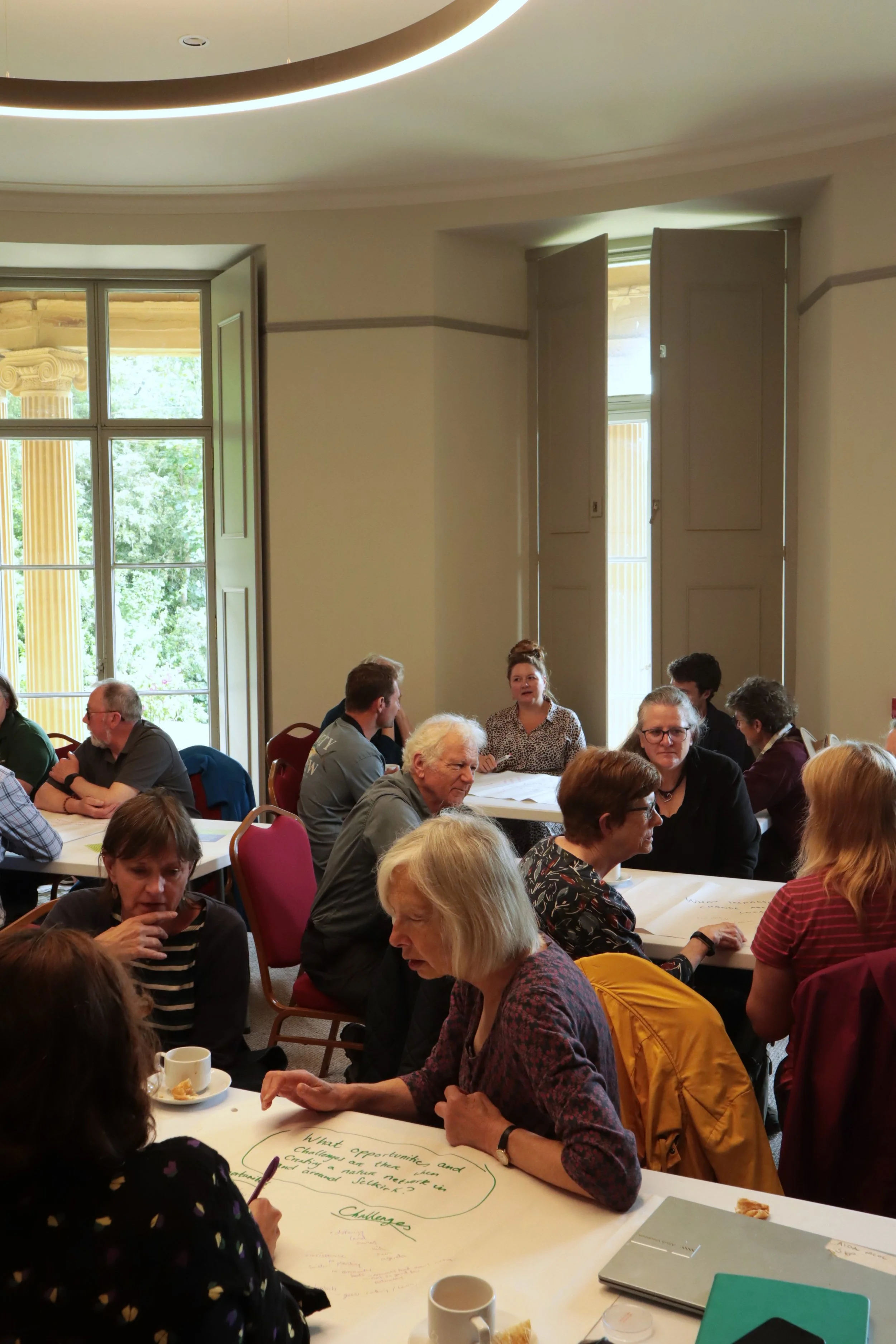 Four groups of people around tables discuss climate change and draw a mind-map.