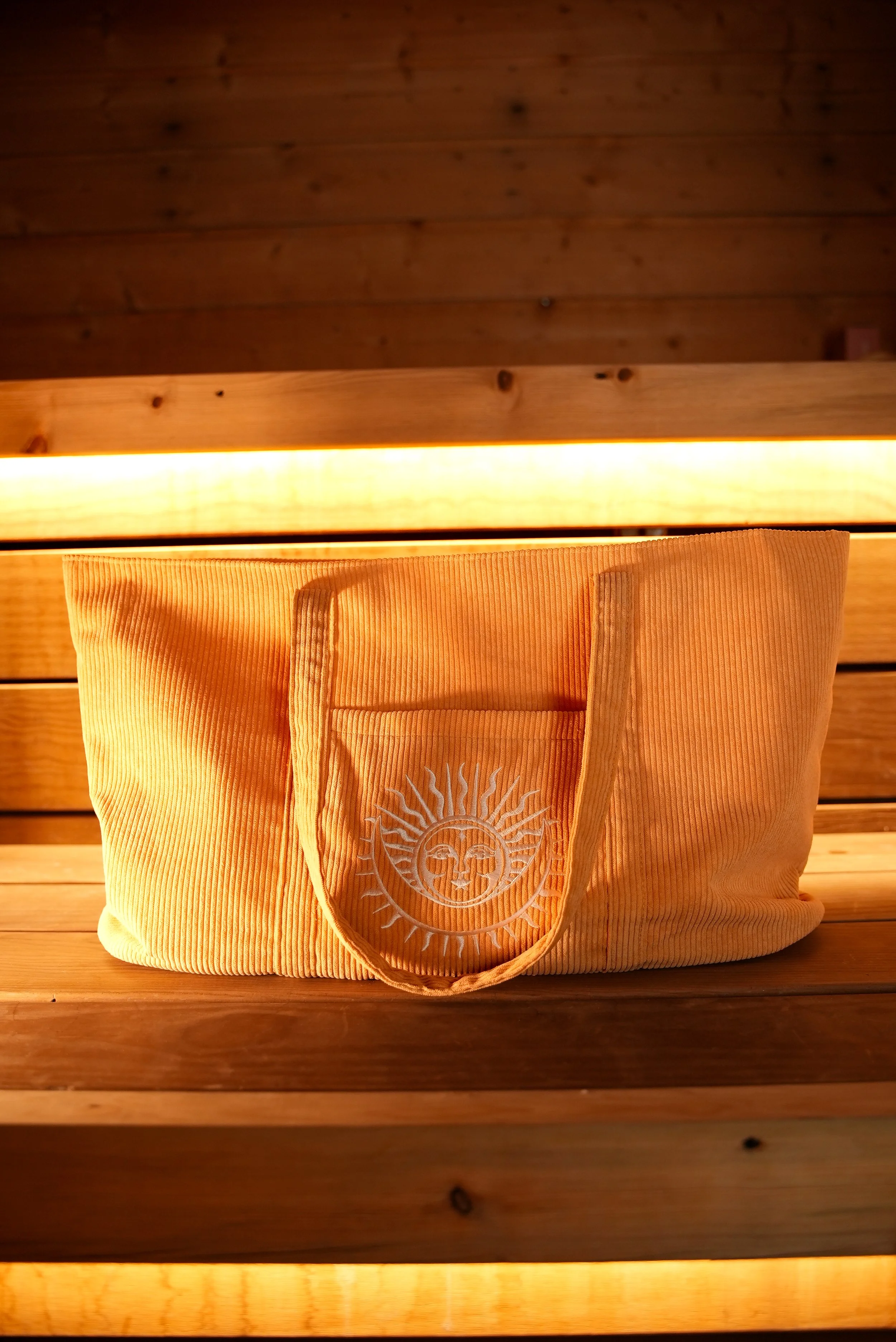 Yellow Corduroy Tote Bag with Sun & Moon Embroidery